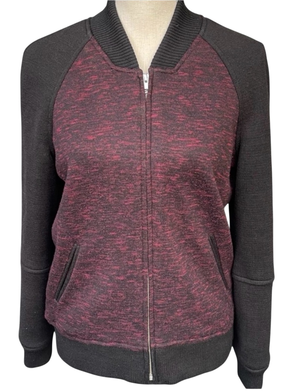 Aritzia Wilfred Merlot/Black Wool Blend Varsity Bomber Sweater Jacket (4/6)